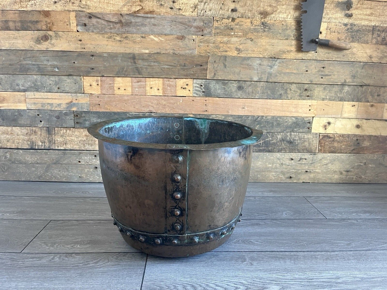 Antique Riveted Copper Wash Pot Farmhouse Jardiniere Planter Log Bin Box Storage