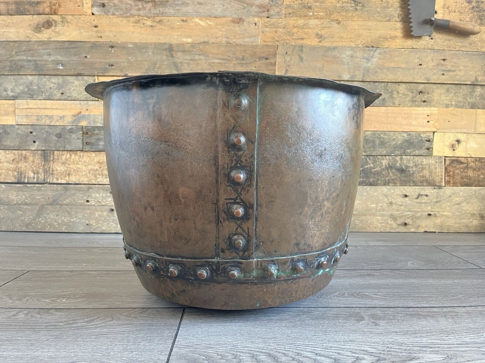 Antique Riveted Copper Wash Pot Farmhouse Jardiniere Planter Log Bin Box Storage photo for sale