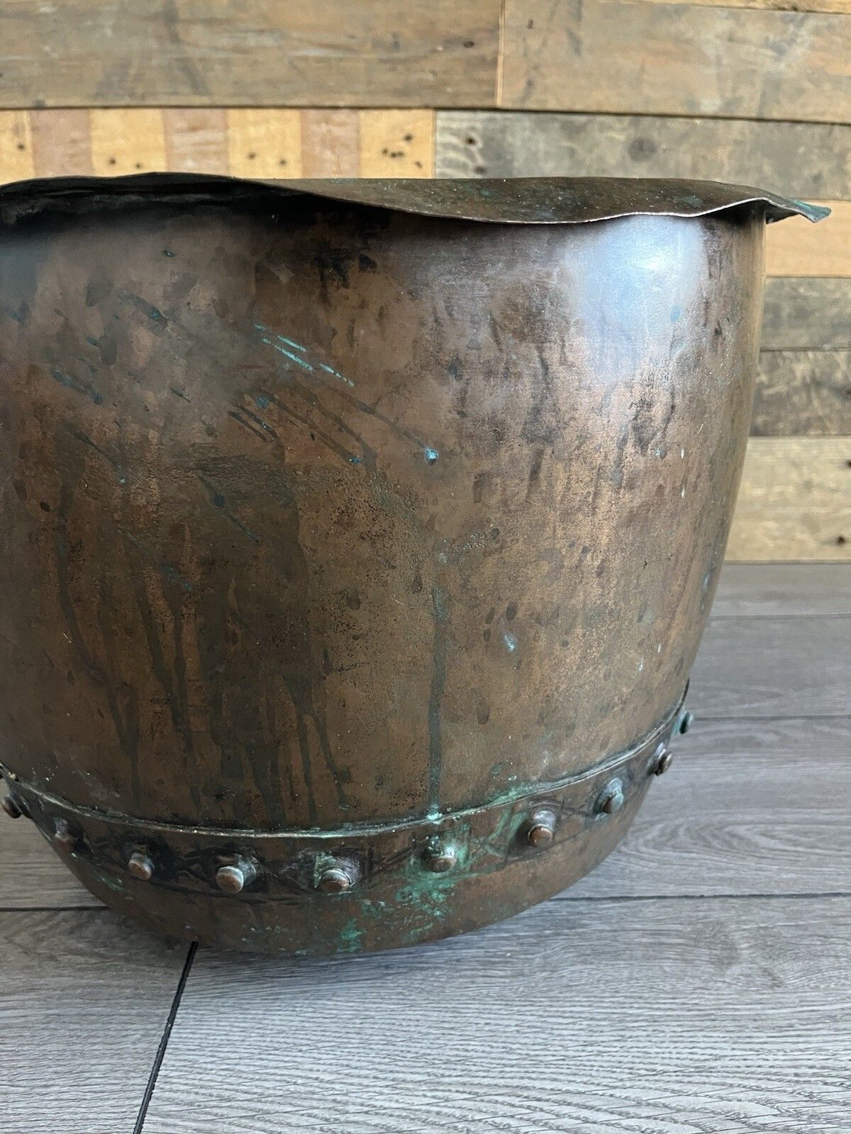 Antique Riveted Copper Wash Pot Farmhouse Jardiniere Planter Log Bin Box Storage photo vinterior