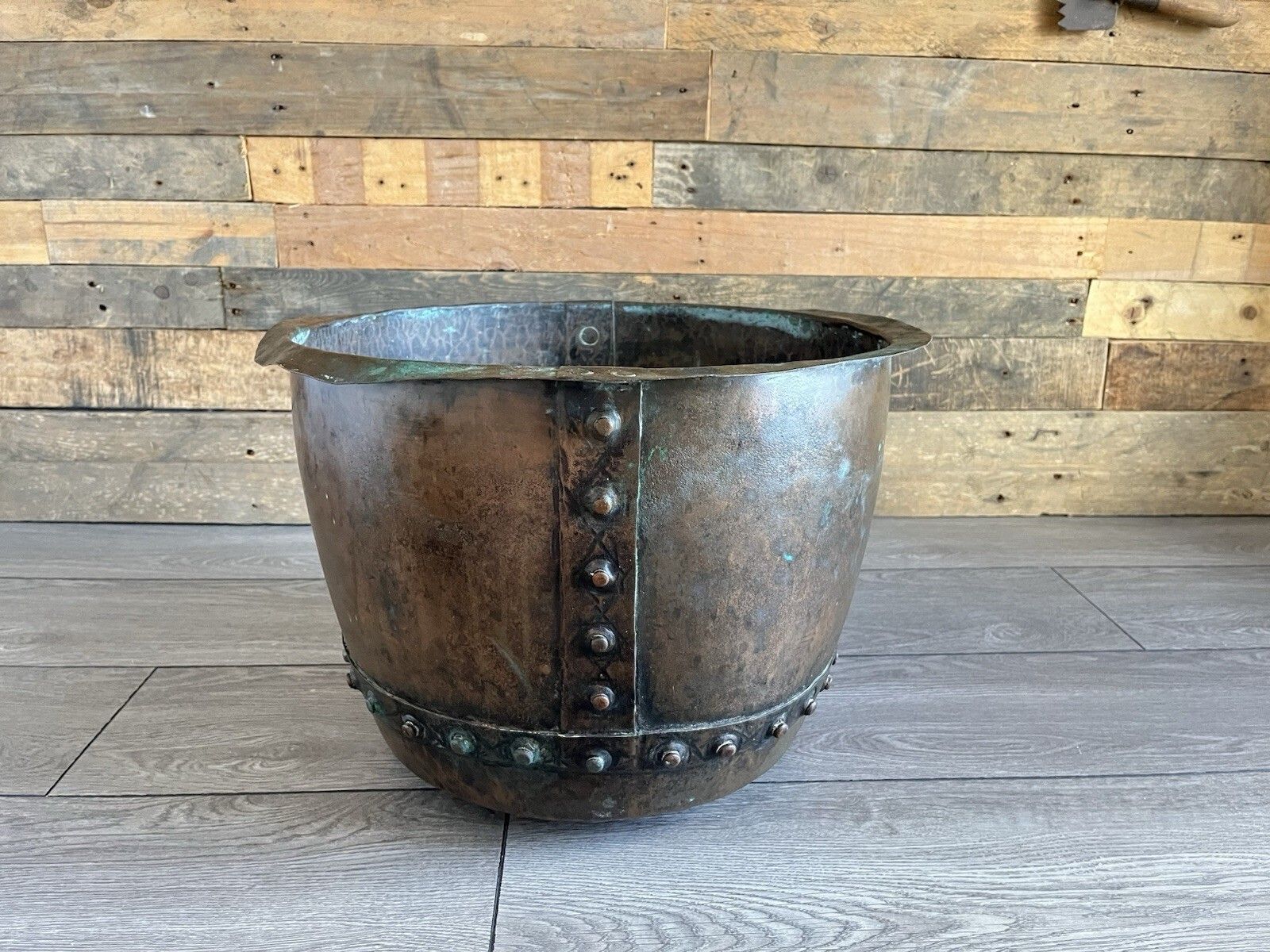Antique Riveted Copper Wash Pot Farmhouse Jardiniere Planter Log Bin Box Storage photo buy