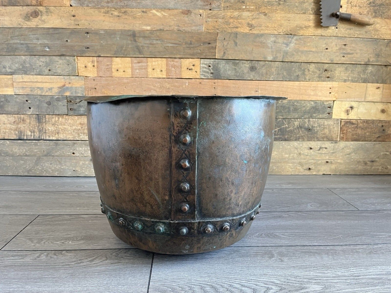 Antique Riveted Copper Wash Pot Farmhouse Jardiniere Planter Log Bin Box Storage photo vintage