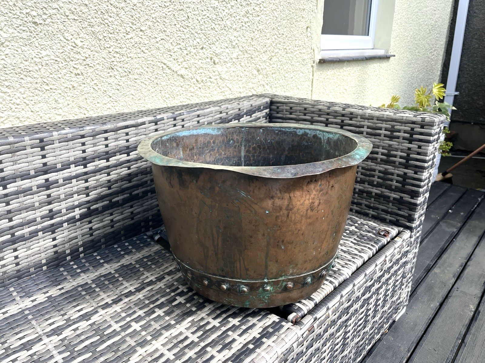photo buy Antique Riveted Copper Wash Pot Farmhouse Jardiniere Planter Log Bin Box Storage