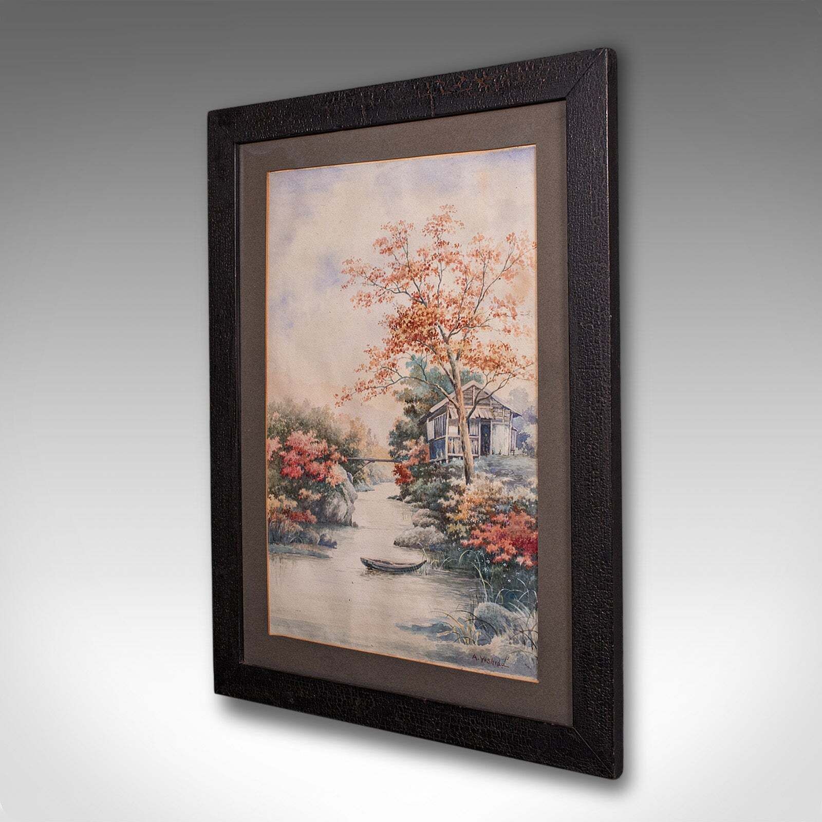 Vintage River Landscape Painting, Japanese School, Watercolour, Art, Mid Century photo for sale