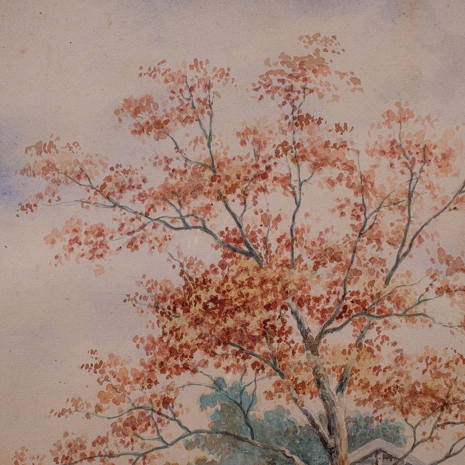 Vintage River Landscape Painting, Japanese School, Watercolour, Art, Mid Century photo vinterior