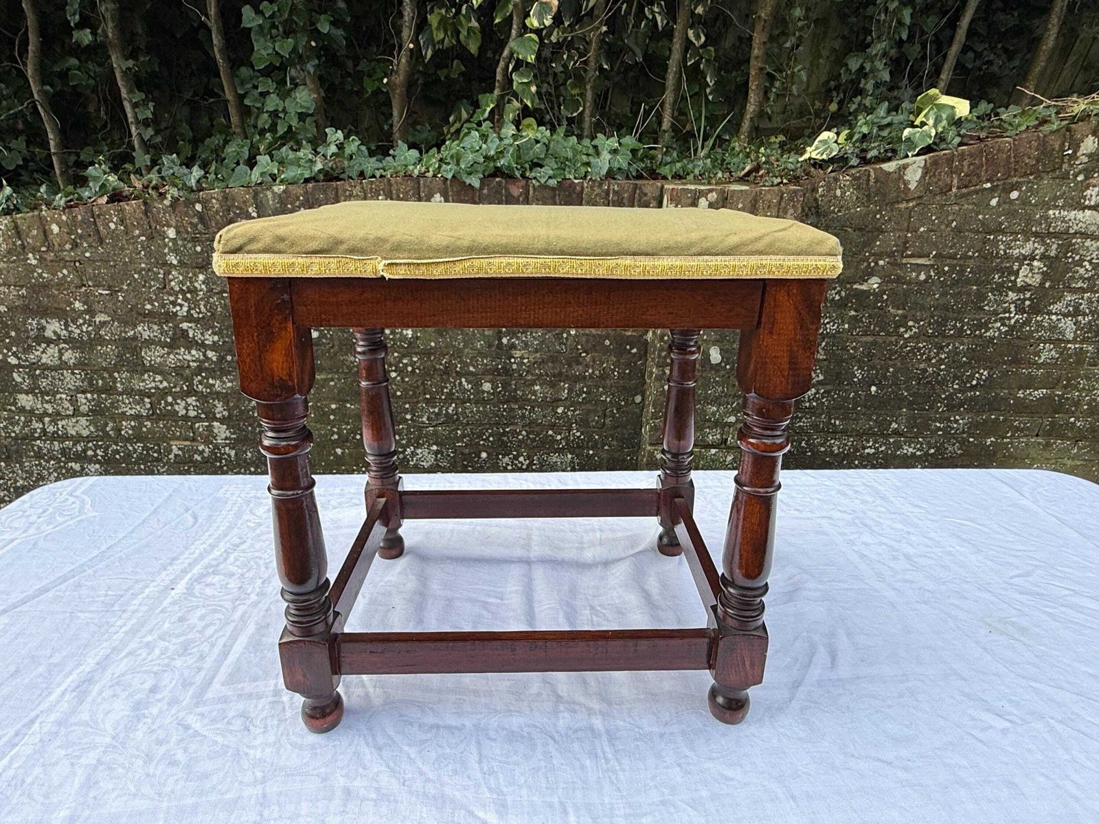 Vintage Upholstered Mahogany Footstool Or Occasional, Vanity Stool With Turned Legs And Green Velvet Like Seat photo furniture