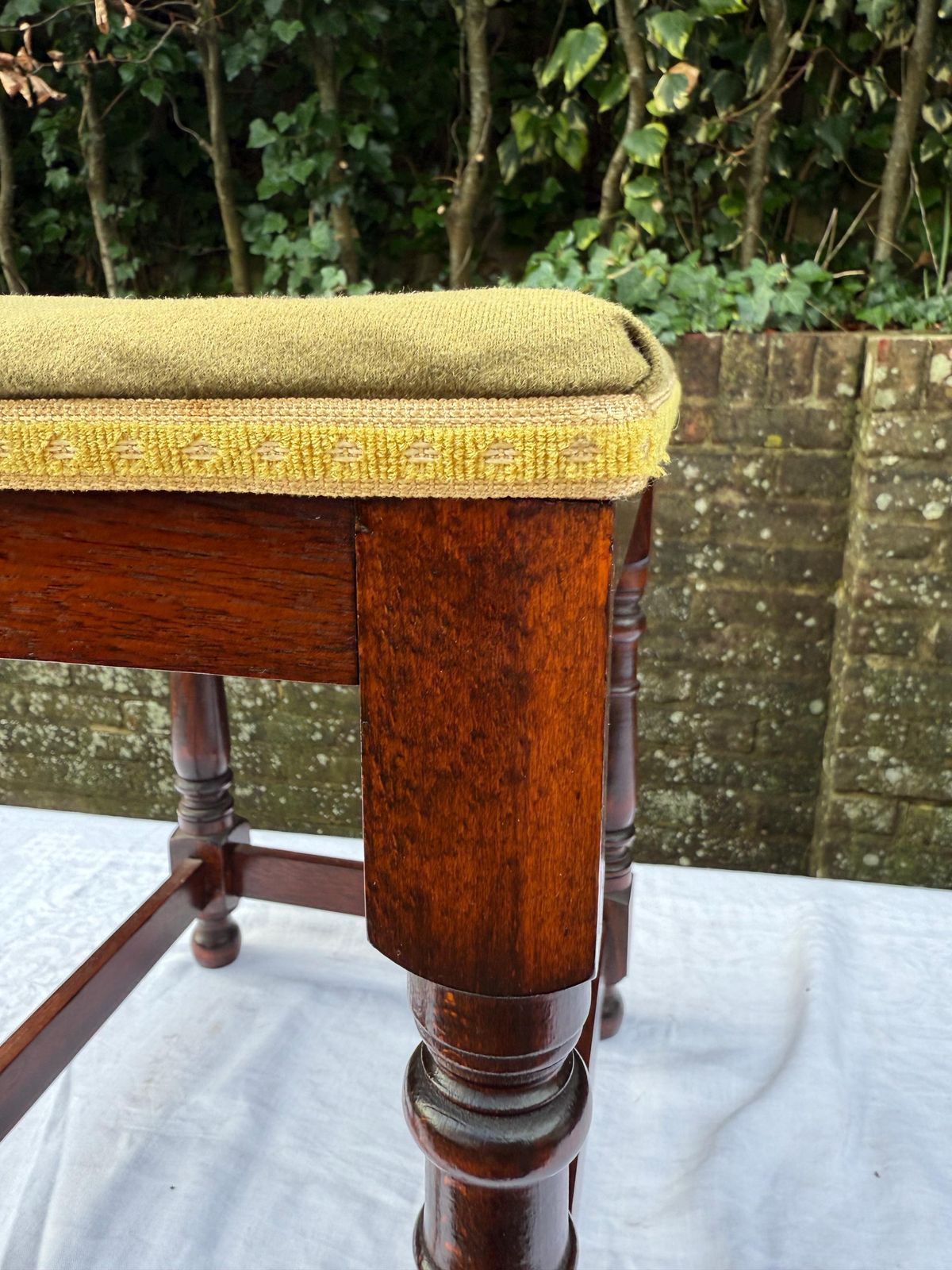 photo for sale Vintage Upholstered Mahogany Footstool Or Occasional, Vanity Stool With Turned Legs And Green Velvet Like Seat