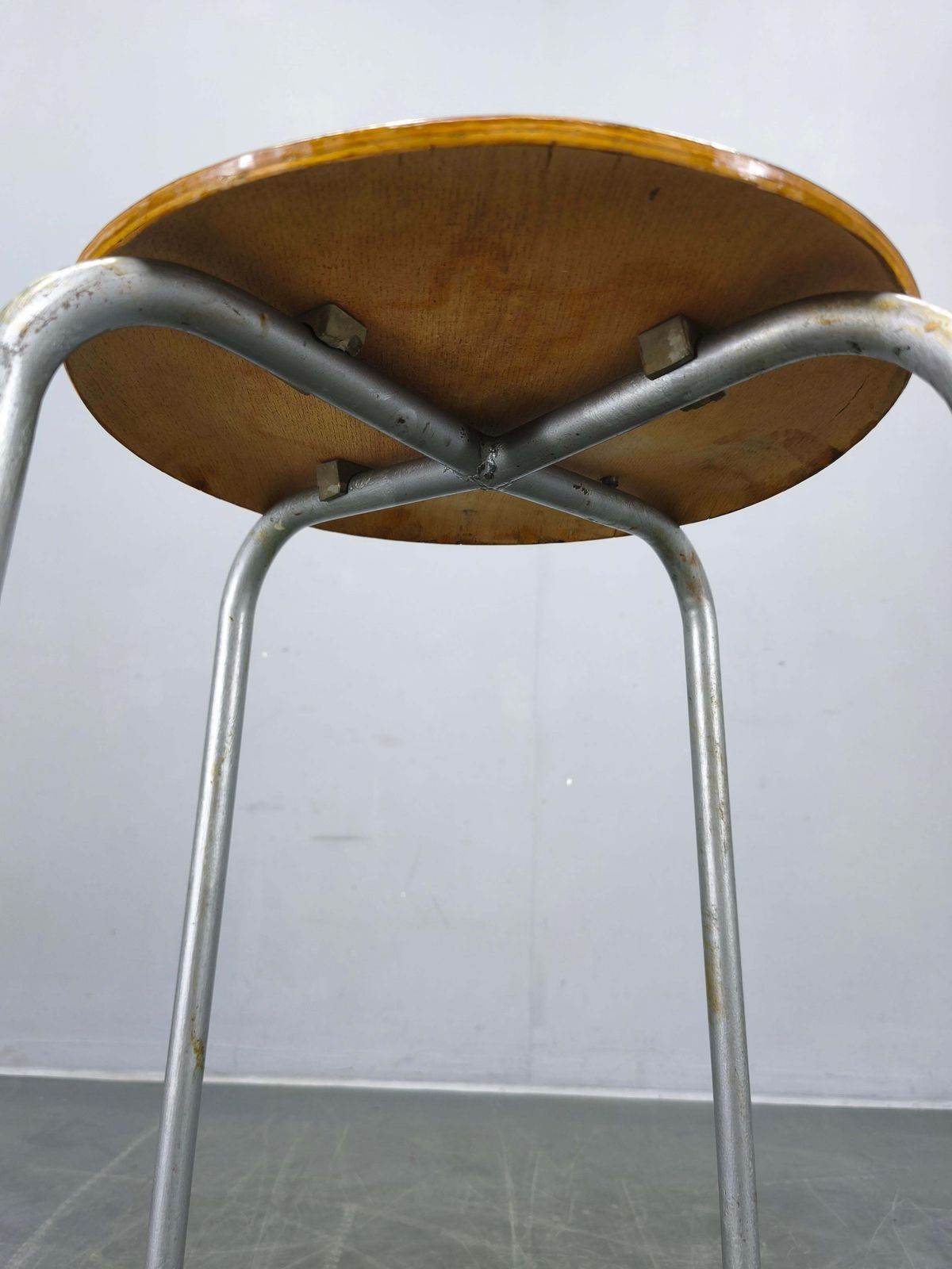1950s German Industrial Stool With Plywood Seat photo vintage