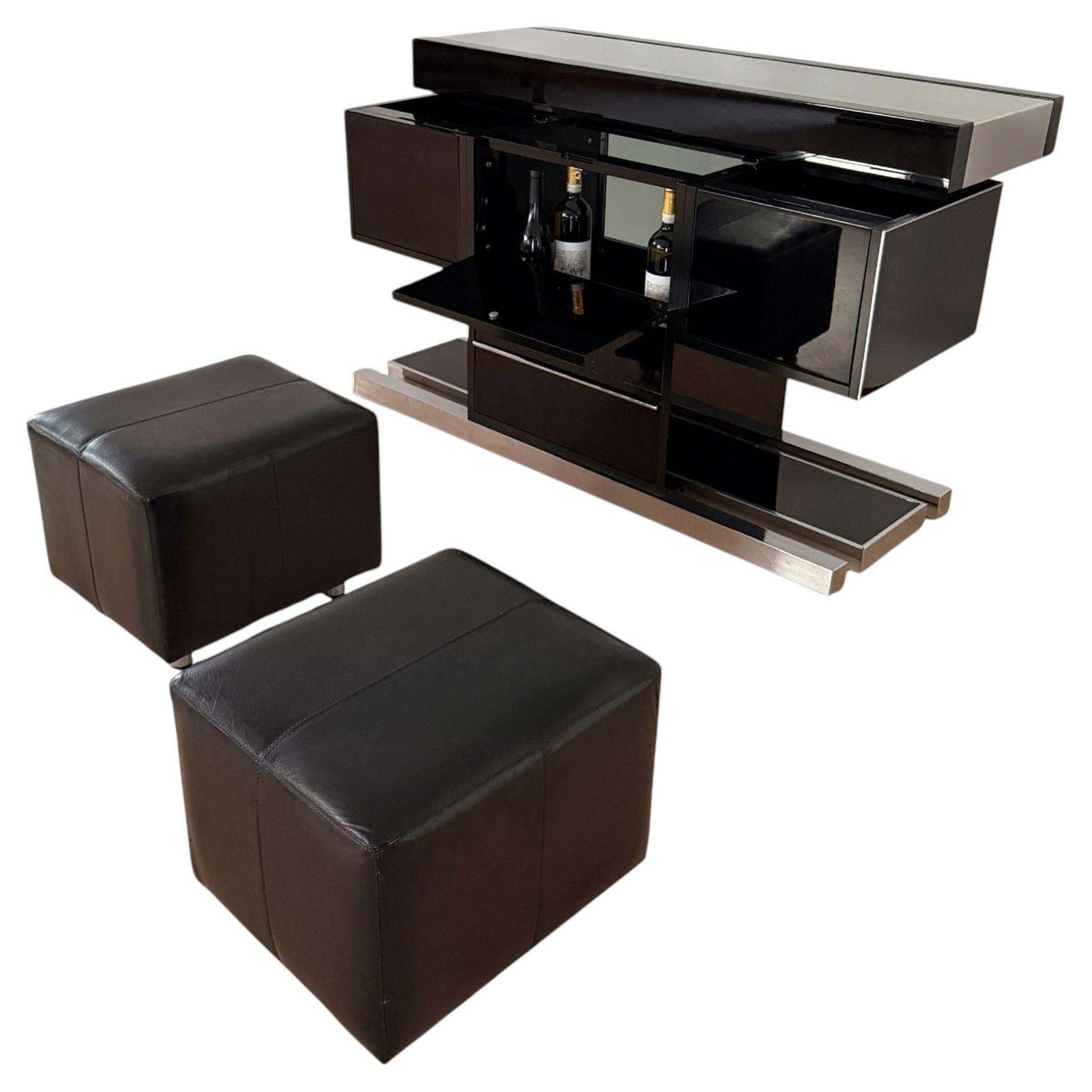 Willy Rizzo Convertible Bar, Black Lacquer, Chrome, Leather, Italy Circa 1970