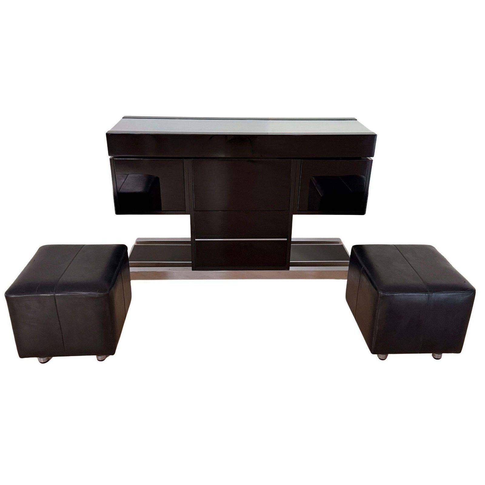 Willy Rizzo Convertible Bar, Black Lacquer, Chrome, Leather, Italy Circa 1970 photo for sale