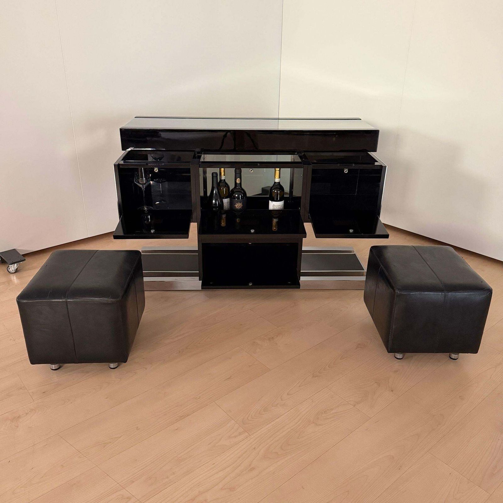 Willy Rizzo Convertible Bar, Black Lacquer, Chrome, Leather, Italy Circa 1970 photo 5212.0