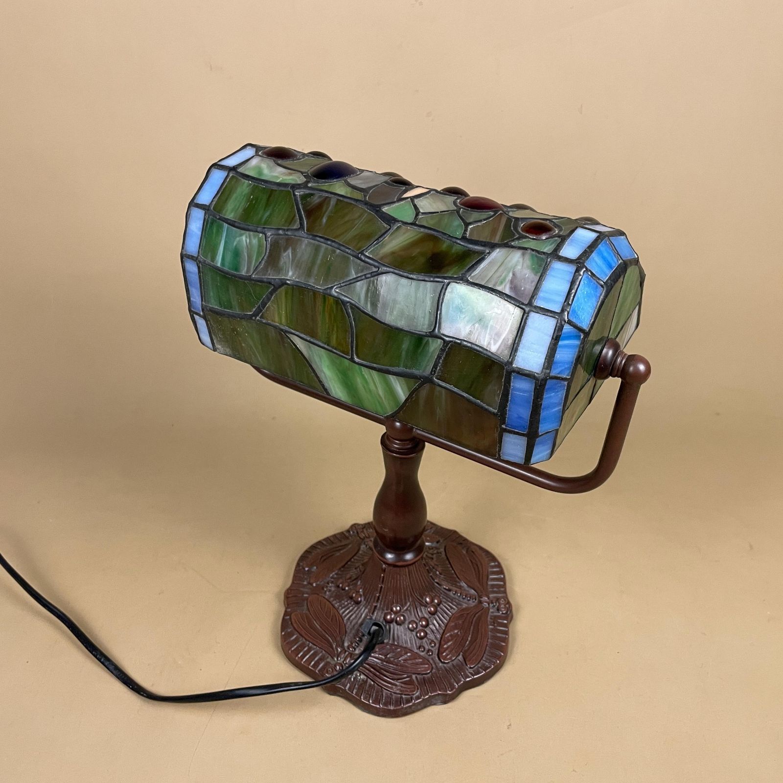 photo furniture Tiffany Style Lamp Multicoloured Coloured Light Stain Glass Stained Patterned Dragonfly Brown Metal Base Antique Vintage Pattern Banker