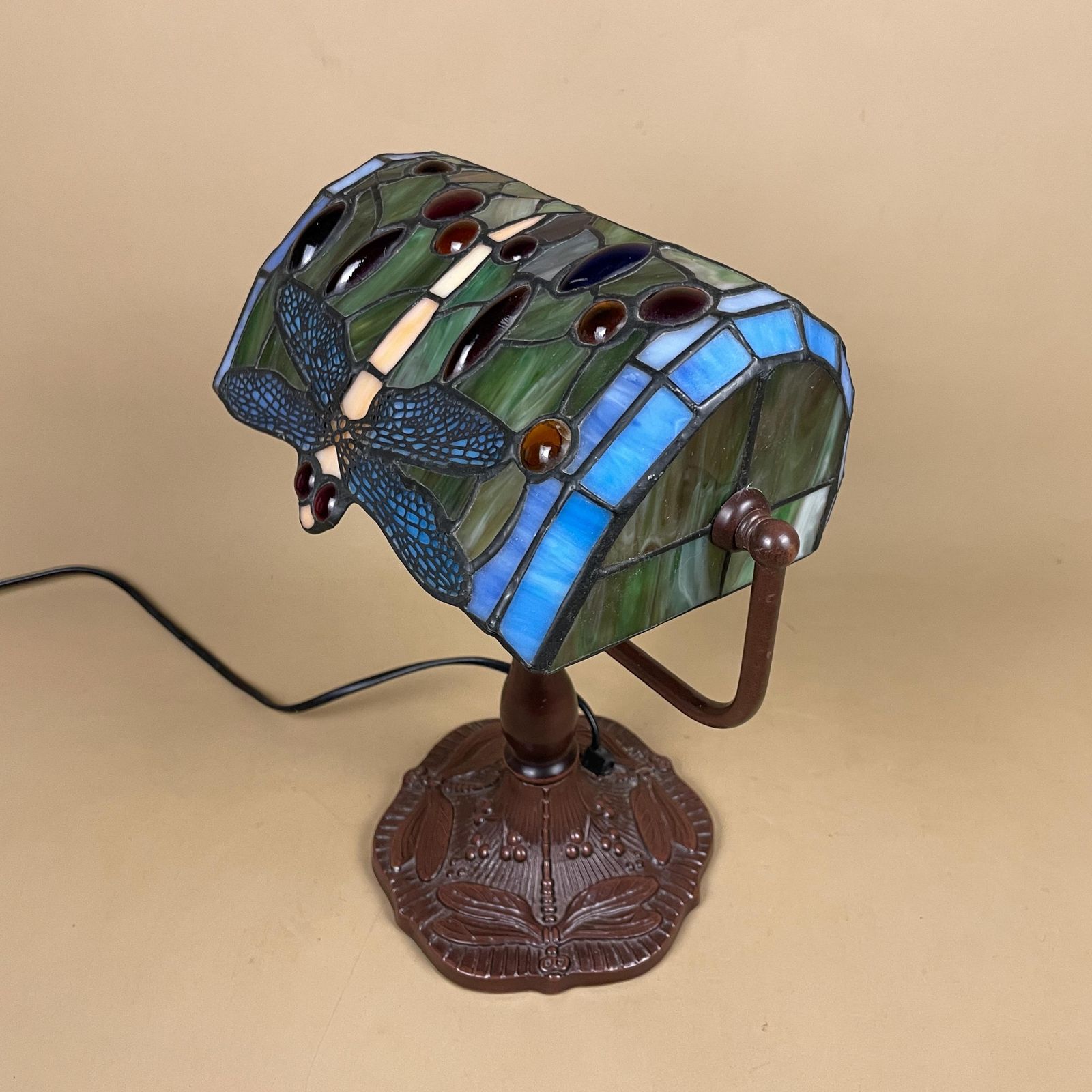 photo for sale Tiffany Style Lamp Multicoloured Coloured Light Stain Glass Stained Patterned Dragonfly Brown Metal Base Antique Vintage Pattern Banker