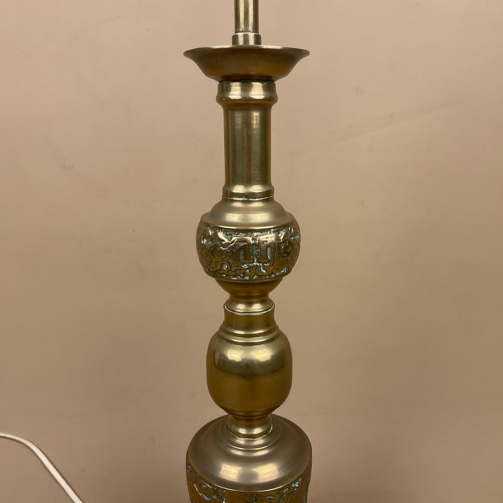 Oriental Brass Gold Lamp Chinese Light Asian Antique Large Ornate Round Wood Base Table Lamp Light Bedside Old Pattern Statement Large photo furniture