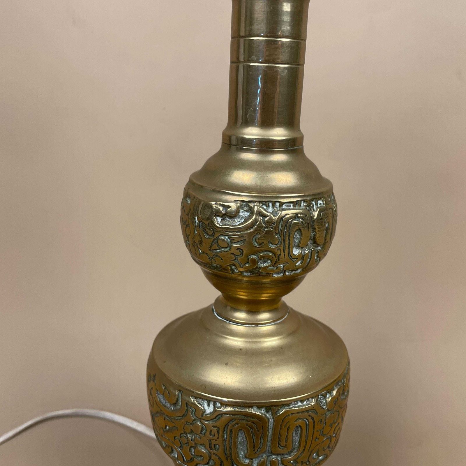 Oriental Brass Gold Lamp Chinese Light Asian Antique Large Ornate Round Wood Base Table Lamp Light Bedside Old Pattern Statement Large photo buy
