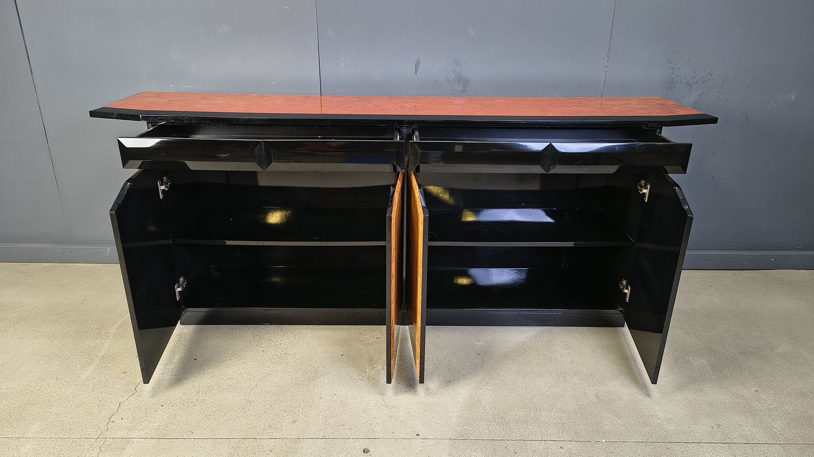 Vintage Lacquer And Burl Wood Credenza, 1980s photo 2000.0