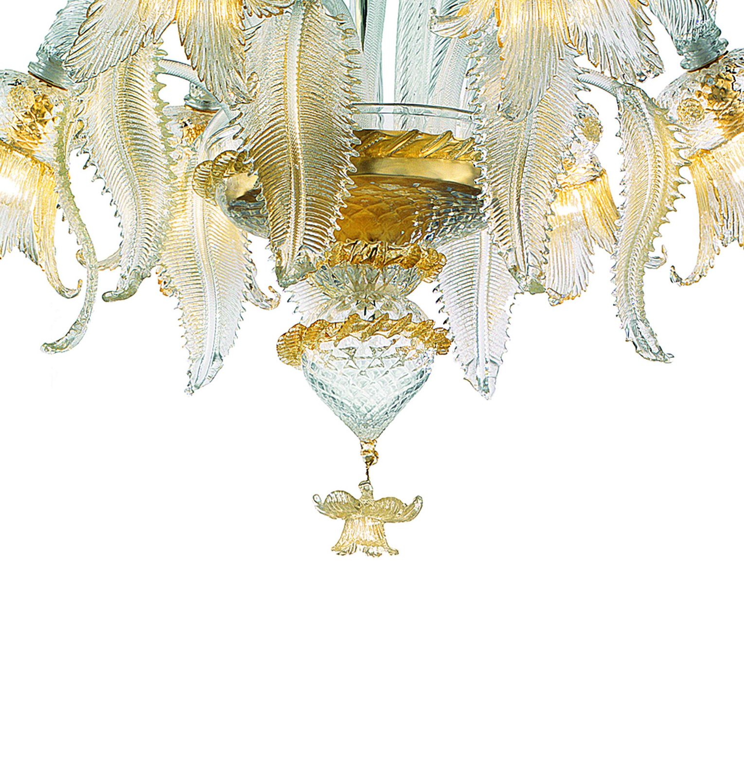 Luxury Italian Clear And Gold Leaf Chandelier With Flowers And Leaves Murano Glass photo furniture