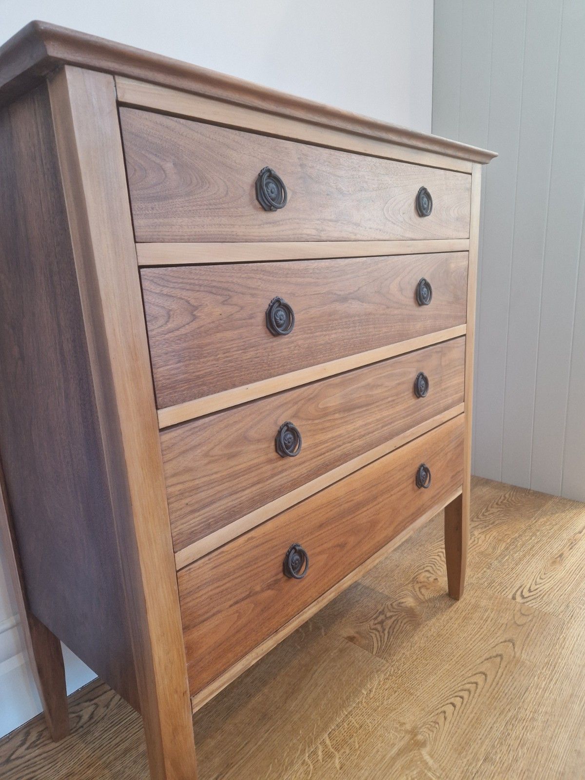 Furniture Vintage Solid Walnut Chest Of Drawers – 4 Drawers, Restored With Black Handles photo