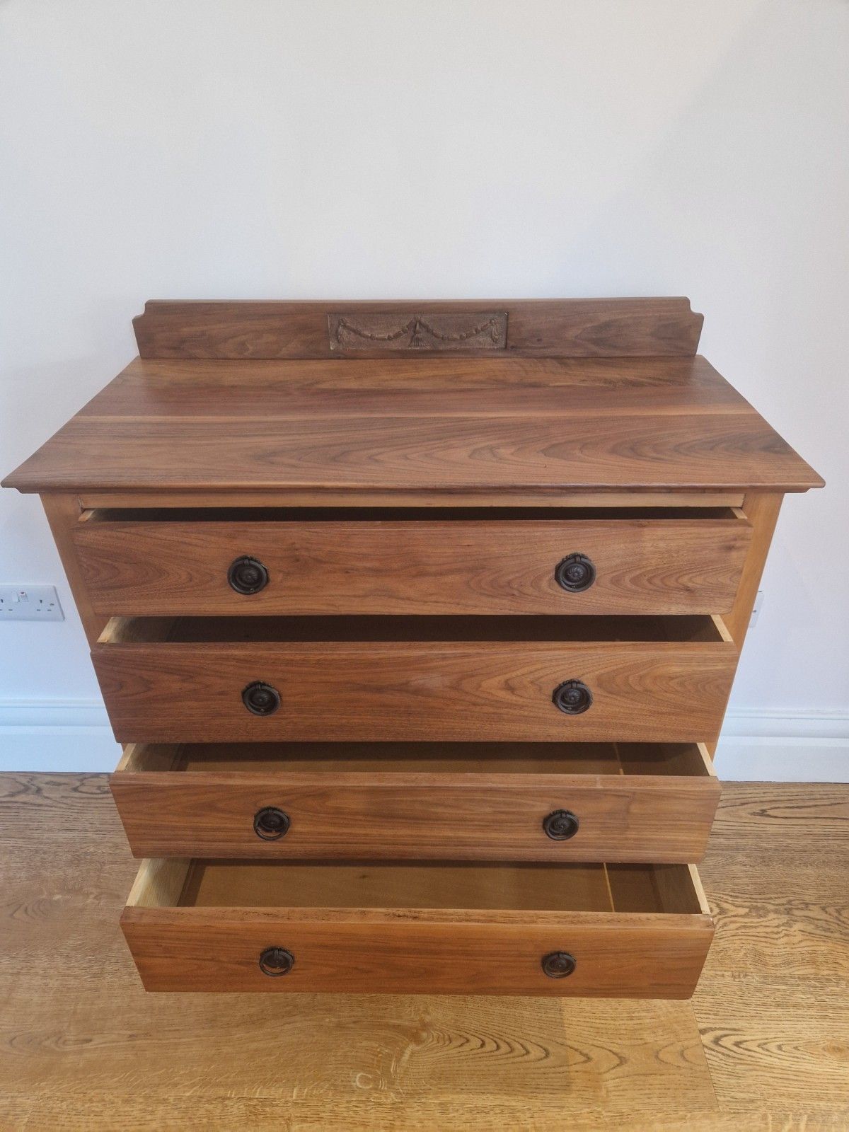375.0 Vintage Solid Walnut Chest Of Drawers – 4 Drawers, Restored With Black Handles photo