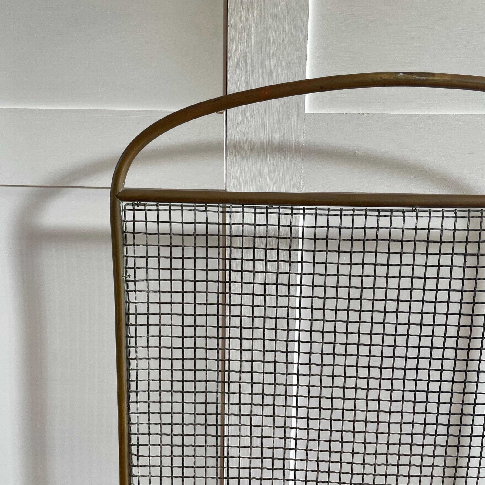 109.0 Antique Fireguard Fireplace Screen Gold Brass Metal Frame Vintage Fire Guard Victorian Ornate Freestanding Pattern Mesh Rectangle Domed Top photo