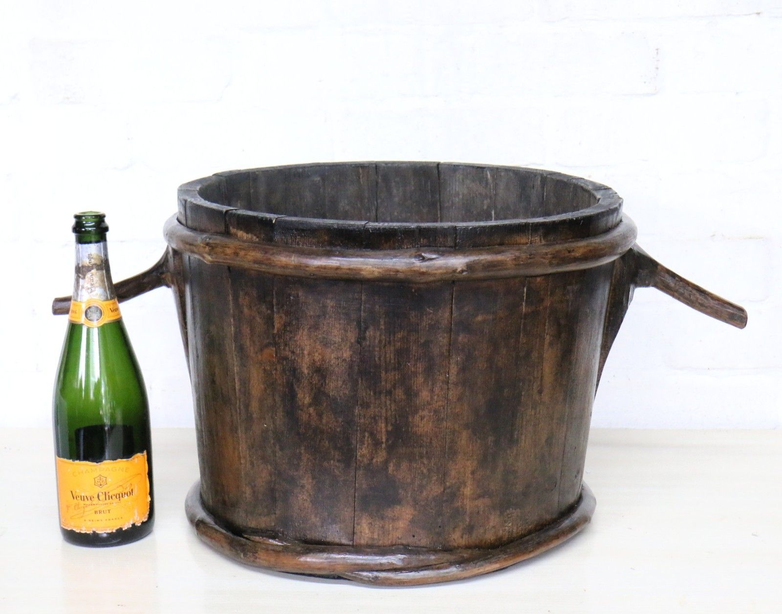 Antique French Vineyard Oak Grape Pickers Wooden Bucket Slatted Reconditioned photo furniture