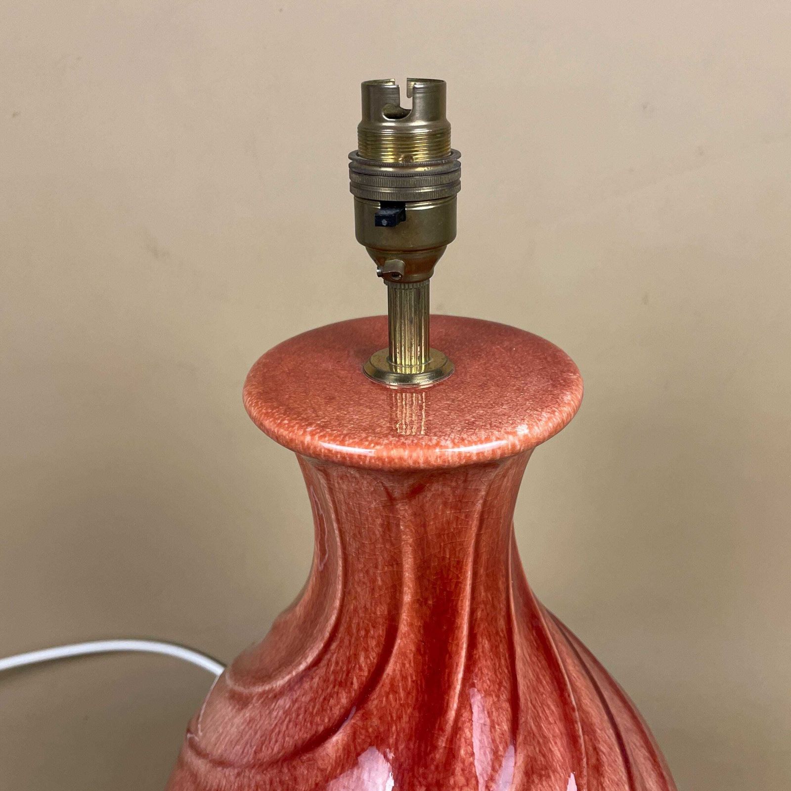 Ceramic Table Lamp Light Red Glaze Twisted Swirl Design Round Glaze Finish Porcelain Bedside Baluster Vase Antique Vintage Statement photo for sale