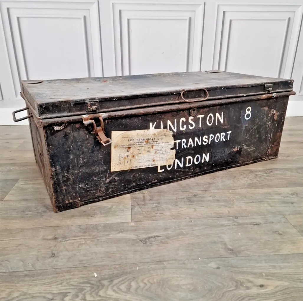 Vintage Industrial Metal Trunk Kingston Transport London Storage Chest Tool Box