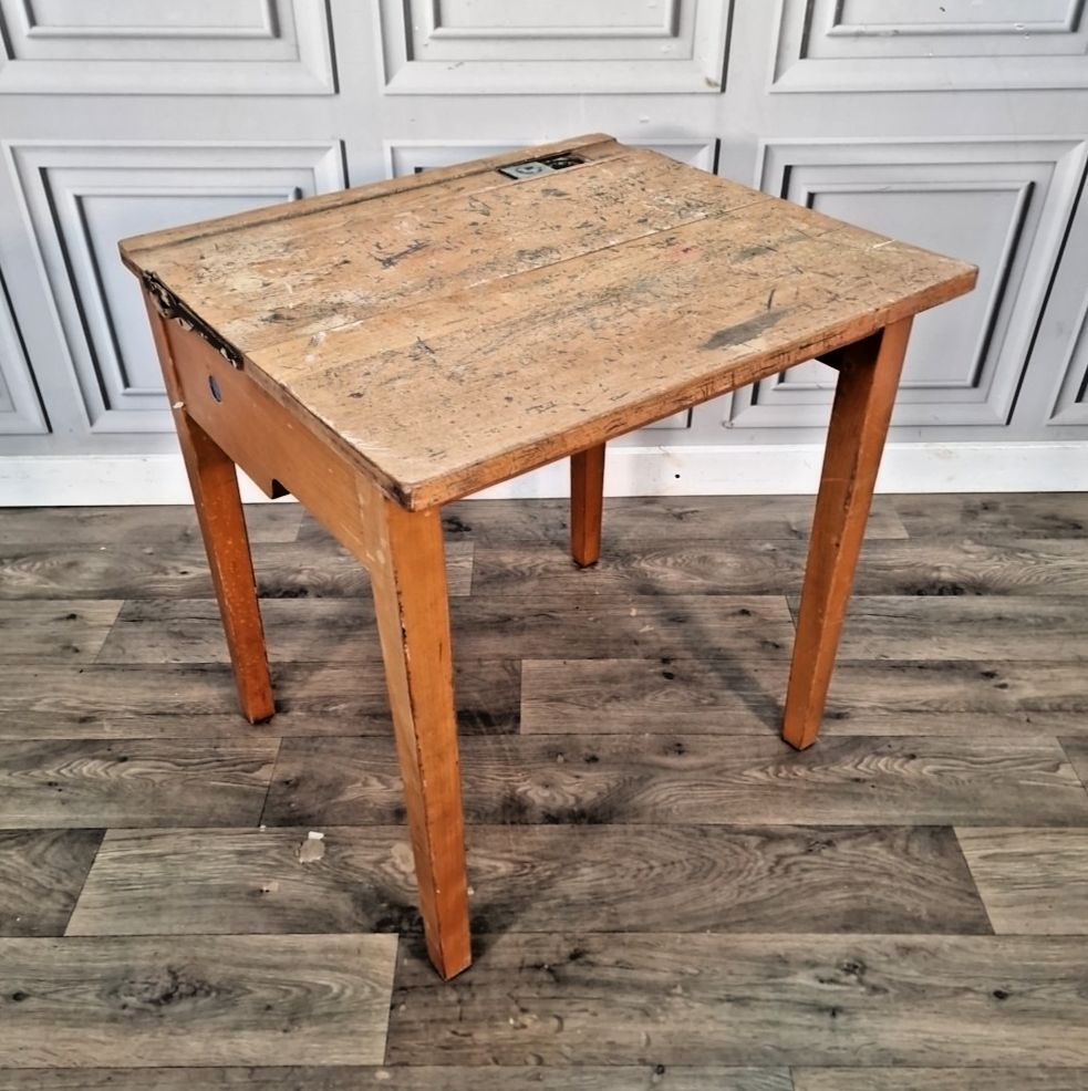 Vintage School Desk Wooden Lift Up Top Ink Well Storage Child's Writing Retro