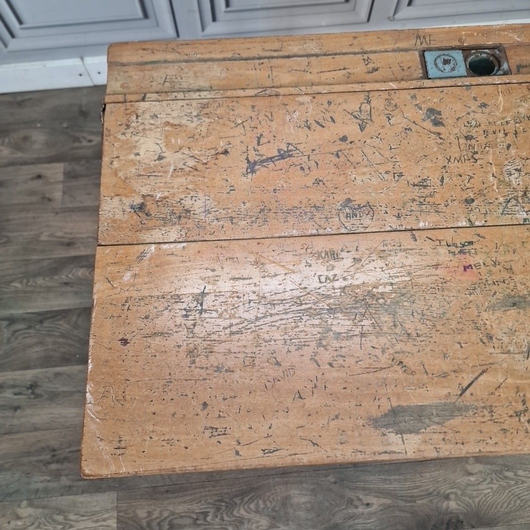 Vintage School Desk Wooden Lift Up Top Ink Well Storage Child's Writing Retro photo vinterior