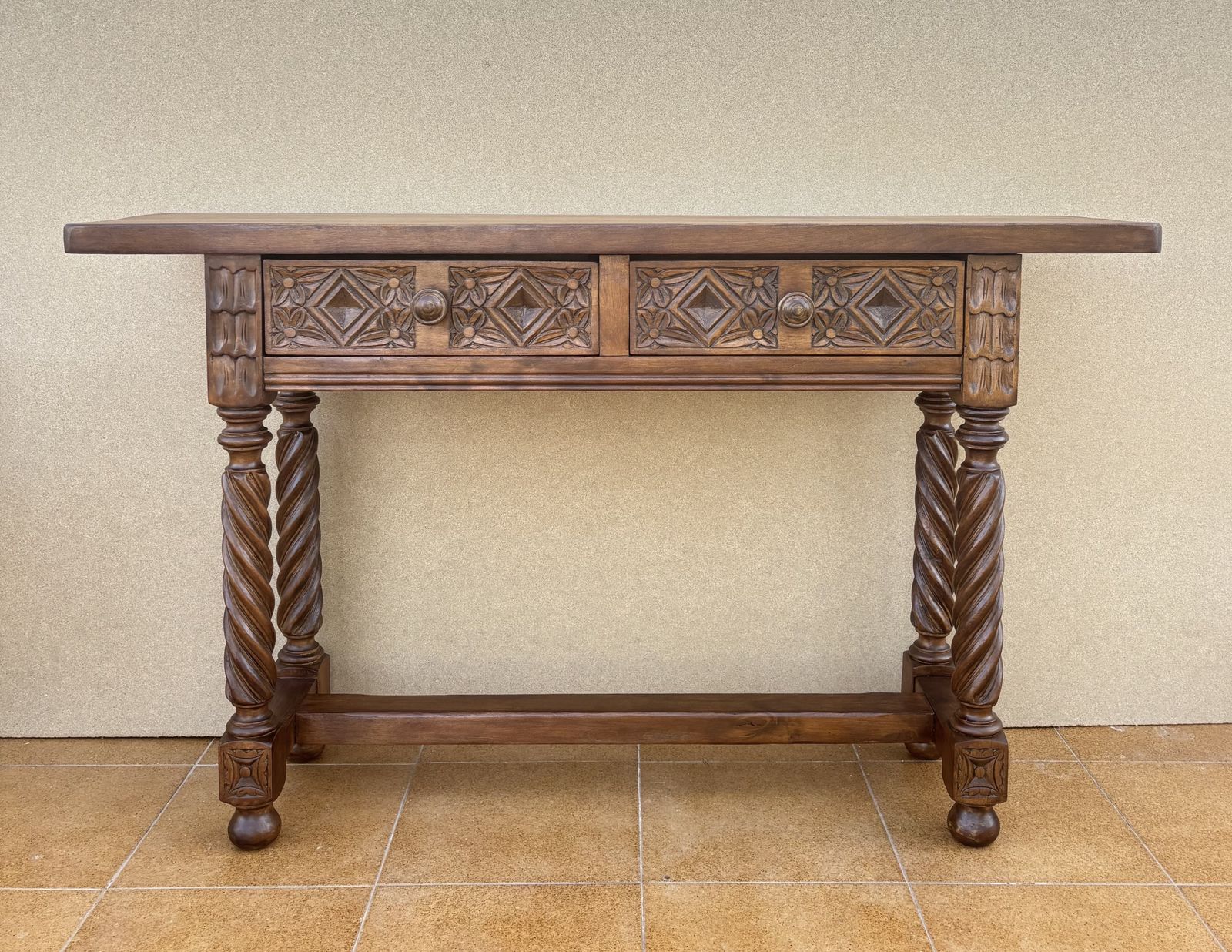 Spanish Carved Console Table With Barley Twist Legs And Two Drawers, 1930s photo for sale