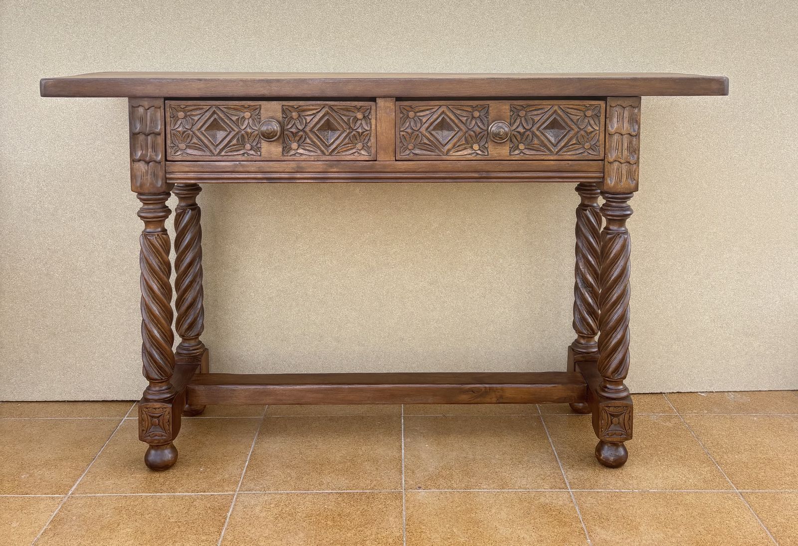 Spanish Carved Console Table With Barley Twist Legs And Two Drawers, 1930s photo Furniture