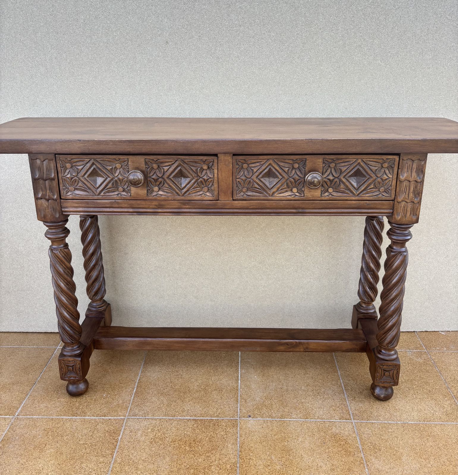Spanish Carved Console Table With Barley Twist Legs And Two Drawers, 1930s photo 2620.0