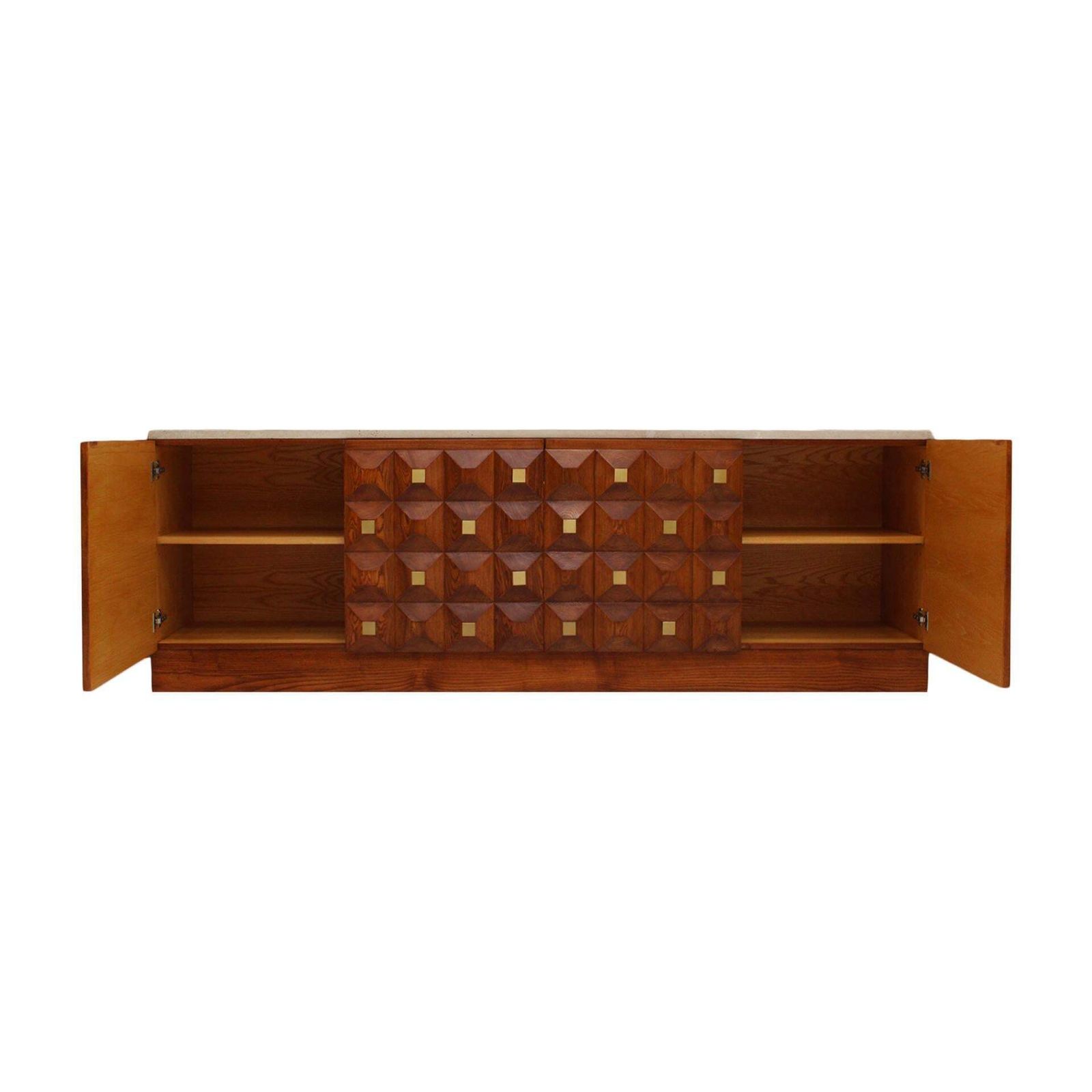 Contemporary Square Pattern Oak Wood, Brass And Travertine Top Italian Sideboard photo 6890.0