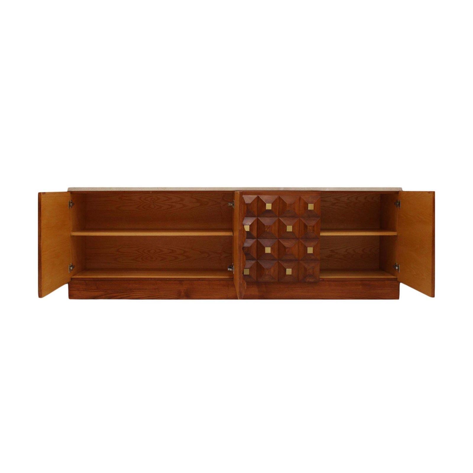 Contemporary Square Pattern Oak Wood, Brass And Travertine Top Italian Sideboard photo vinterior