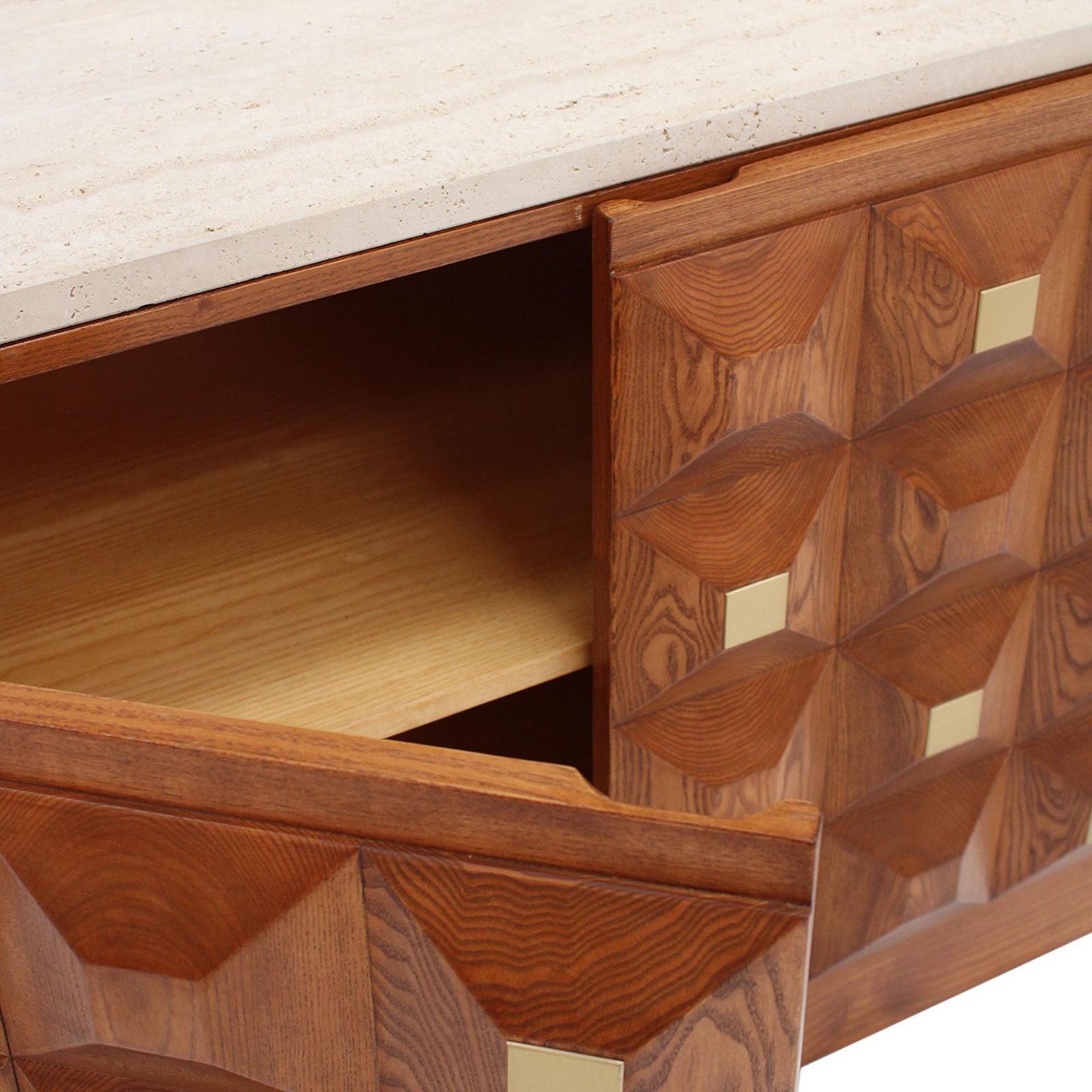 photo furniture Contemporary Square Pattern Oak Wood, Brass And Travertine Top Italian Sideboard