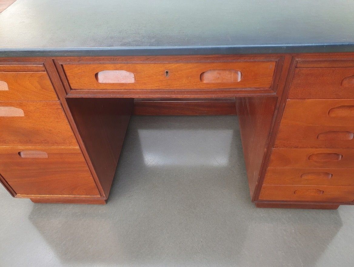 photo for sale A Mid Century Art Deco Solid Mahogany And Teak Ministry Style Desk