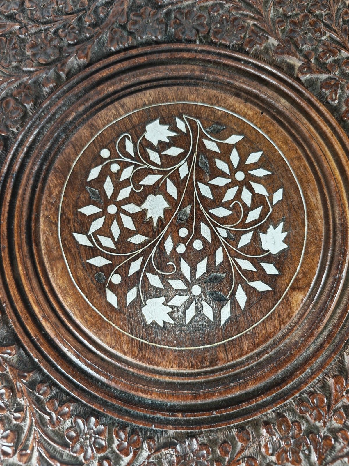 Indian Carved Folding Side Table Contrast Inlay Hoshiarpur Wooden Round photo for sale