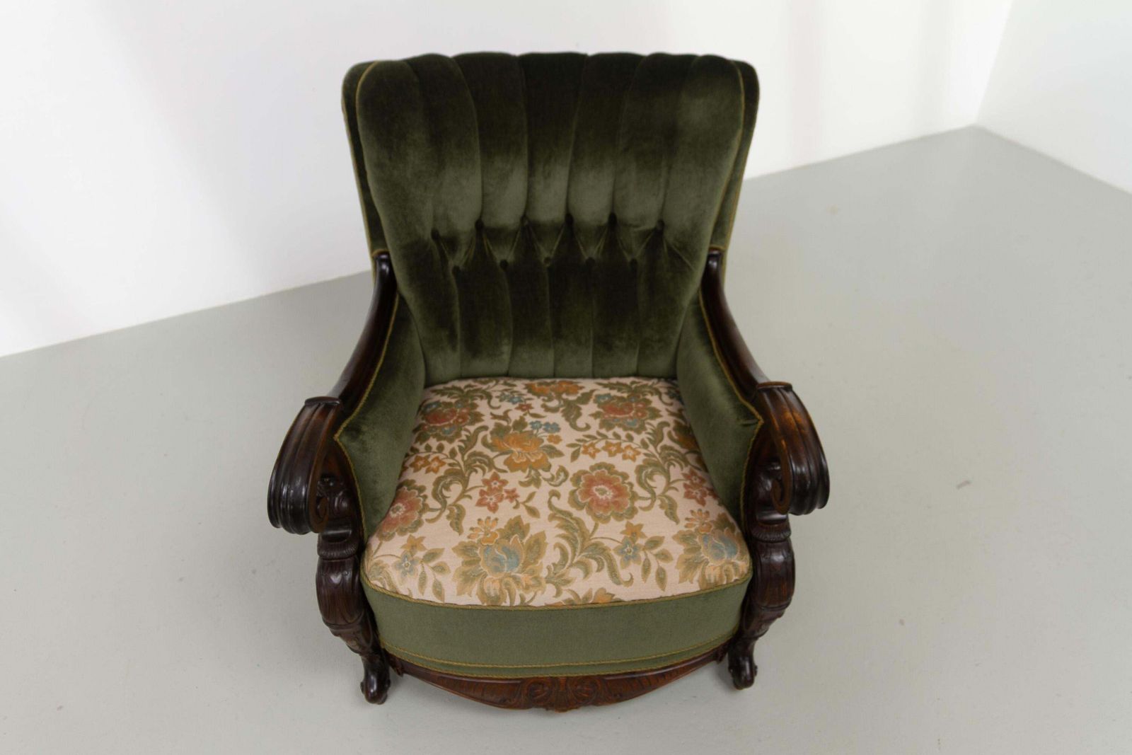 Danish Carved Lounge Chair In Green Velvet, 1920s. photo vinterior