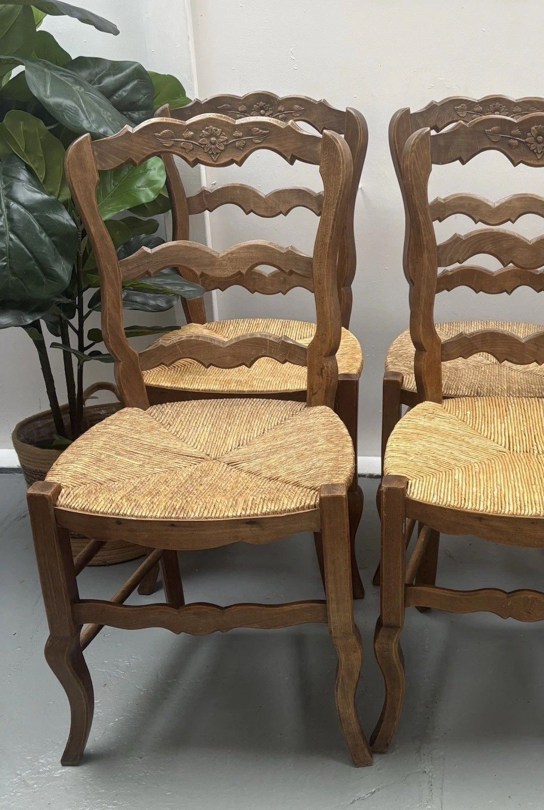 4 Vintage French Farmhouse Country ´Van Gogh’ Ladderback Rush Seat Dining Chairs photo for sale