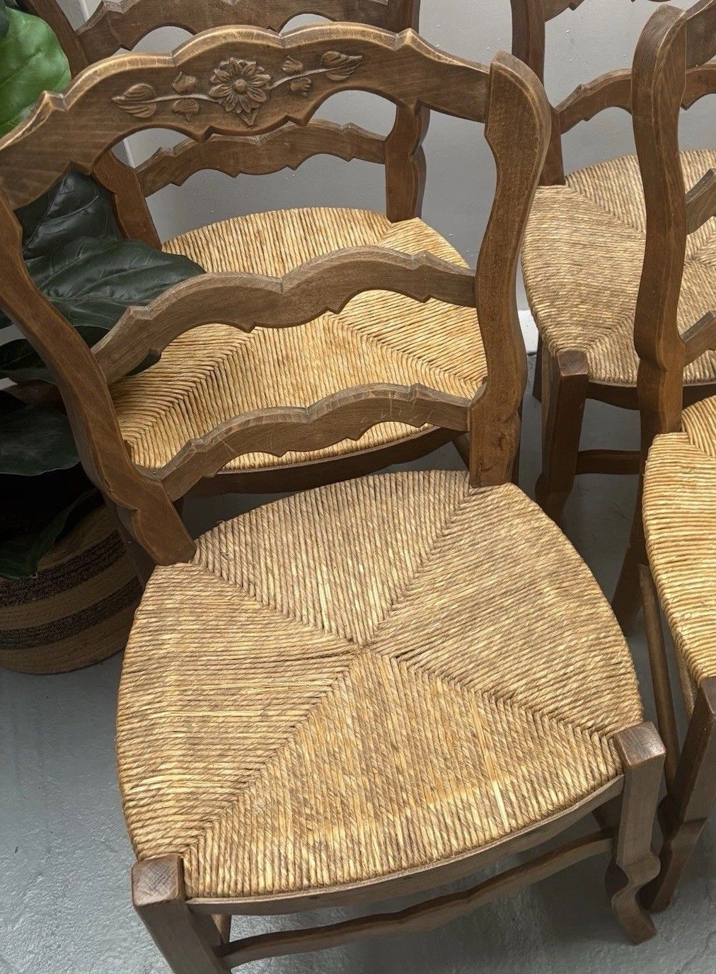 4 Vintage French Farmhouse Country ´Van Gogh’ Ladderback Rush Seat Dining Chairs photo vinterior
