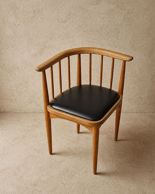 Small Mid Century Solid Wood Chair With Curved Back And Black Vinyl Seat