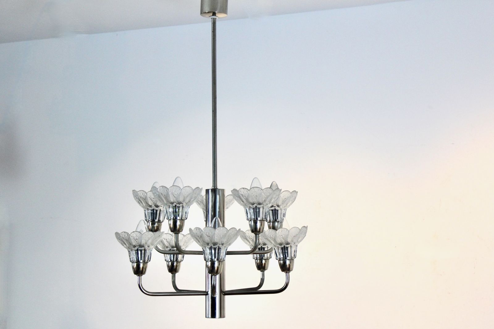 Mid Century Modern Chrome & Floral Textured Glass Chandelier, Germany