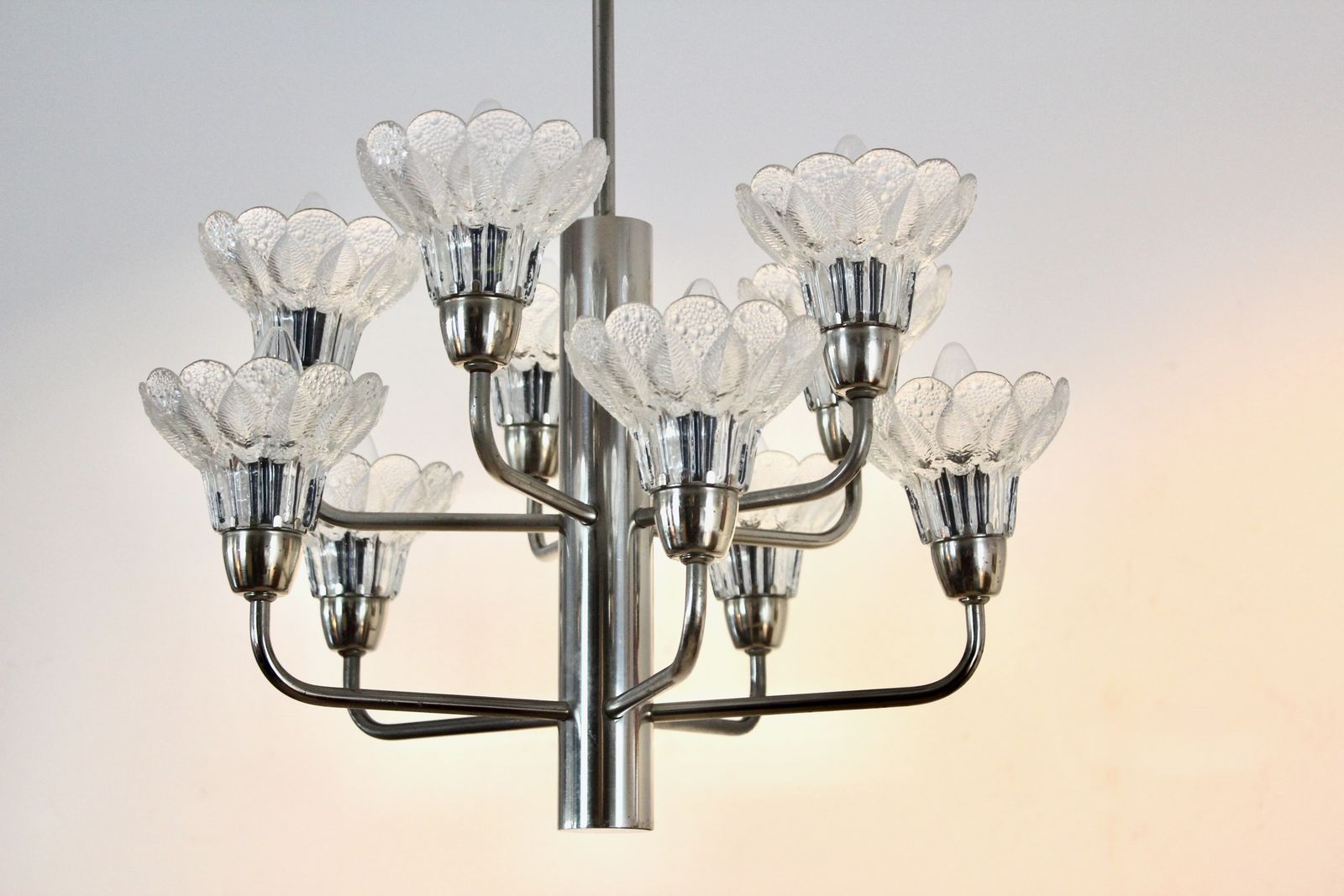 Mid Century Modern Chrome & Floral Textured Glass Chandelier, Germany photo buy