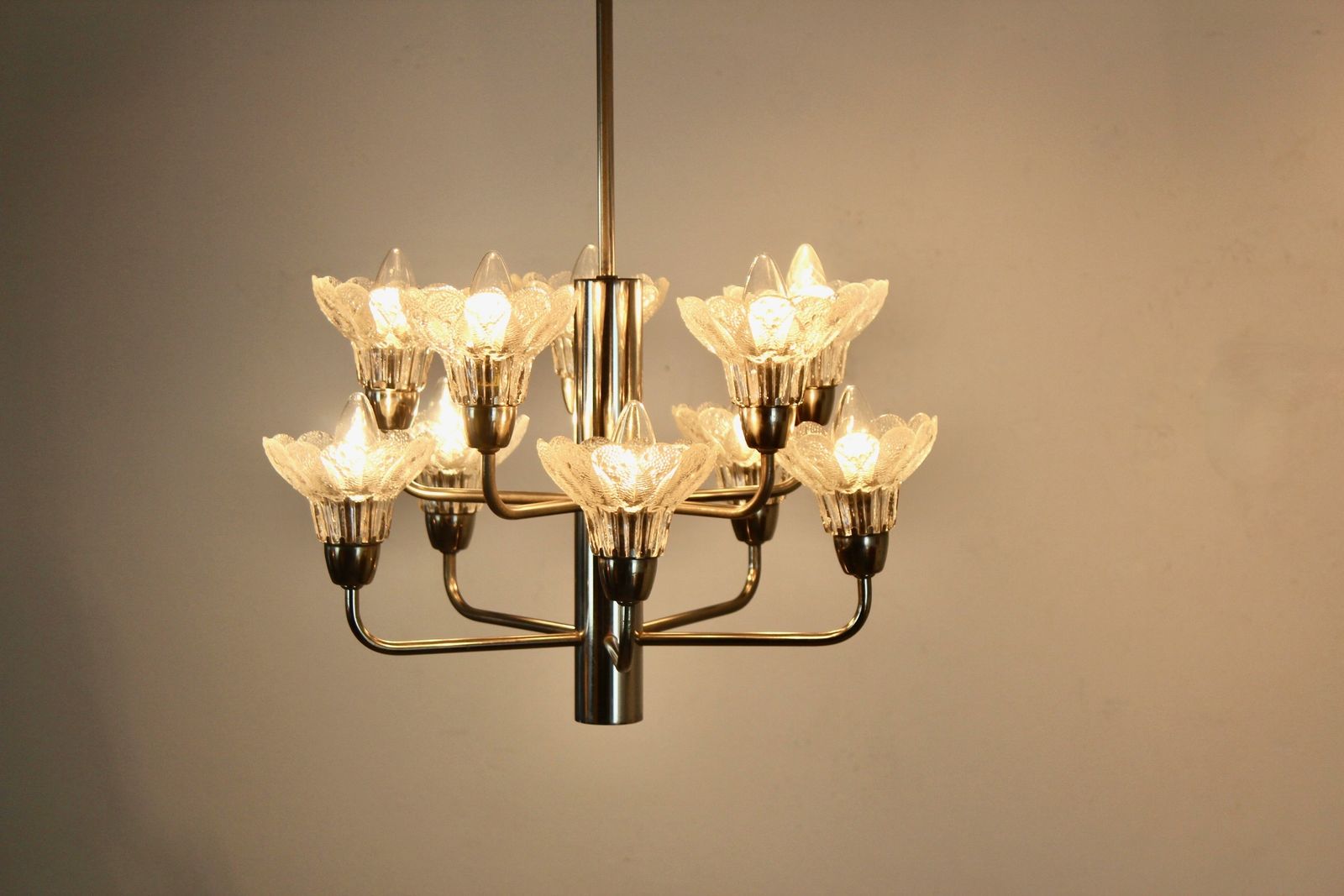 photo for sale Mid Century Modern Chrome & Floral Textured Glass Chandelier, Germany