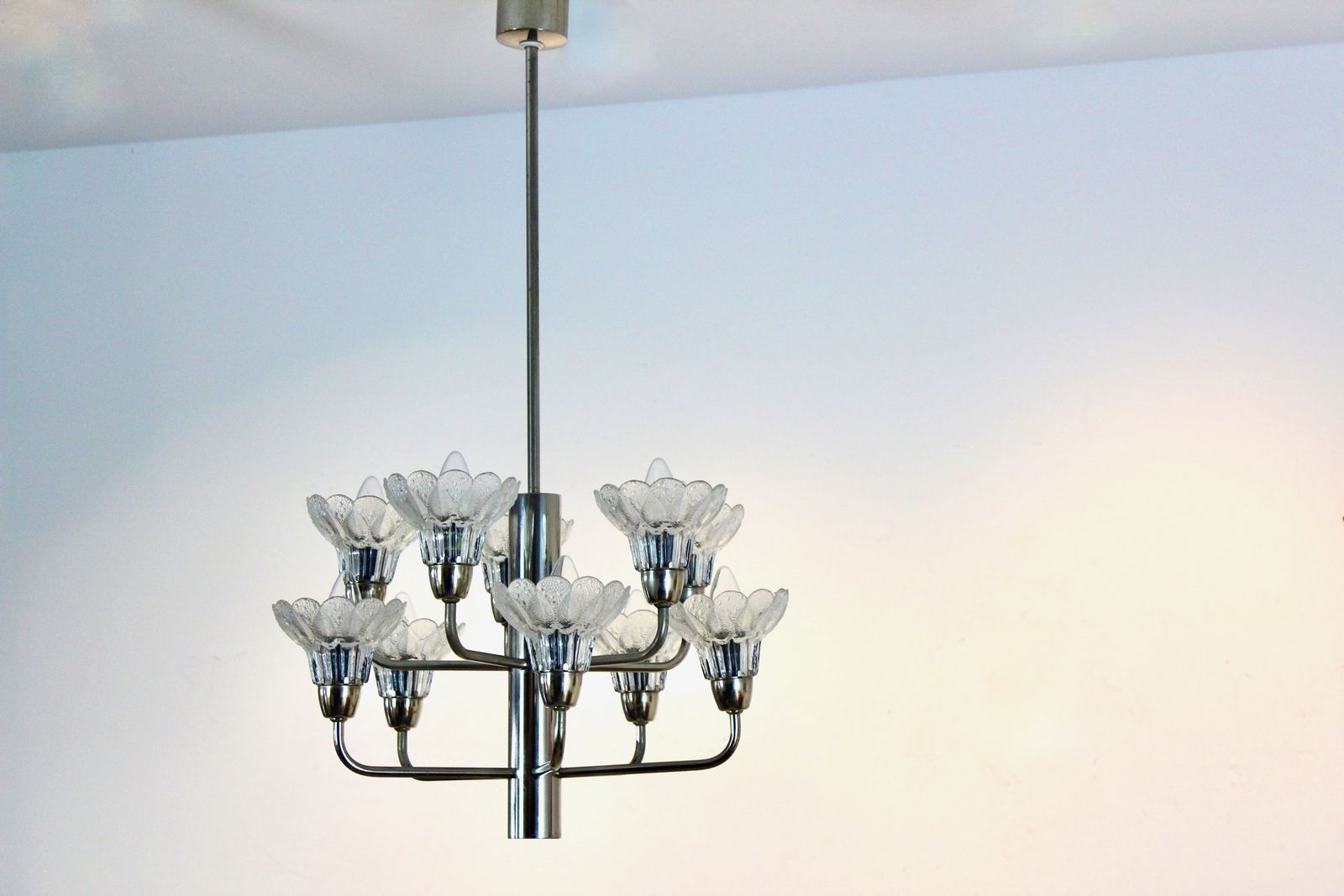 Lighting Mid Century Modern Chrome & Floral Textured Glass Chandelier, Germany photo