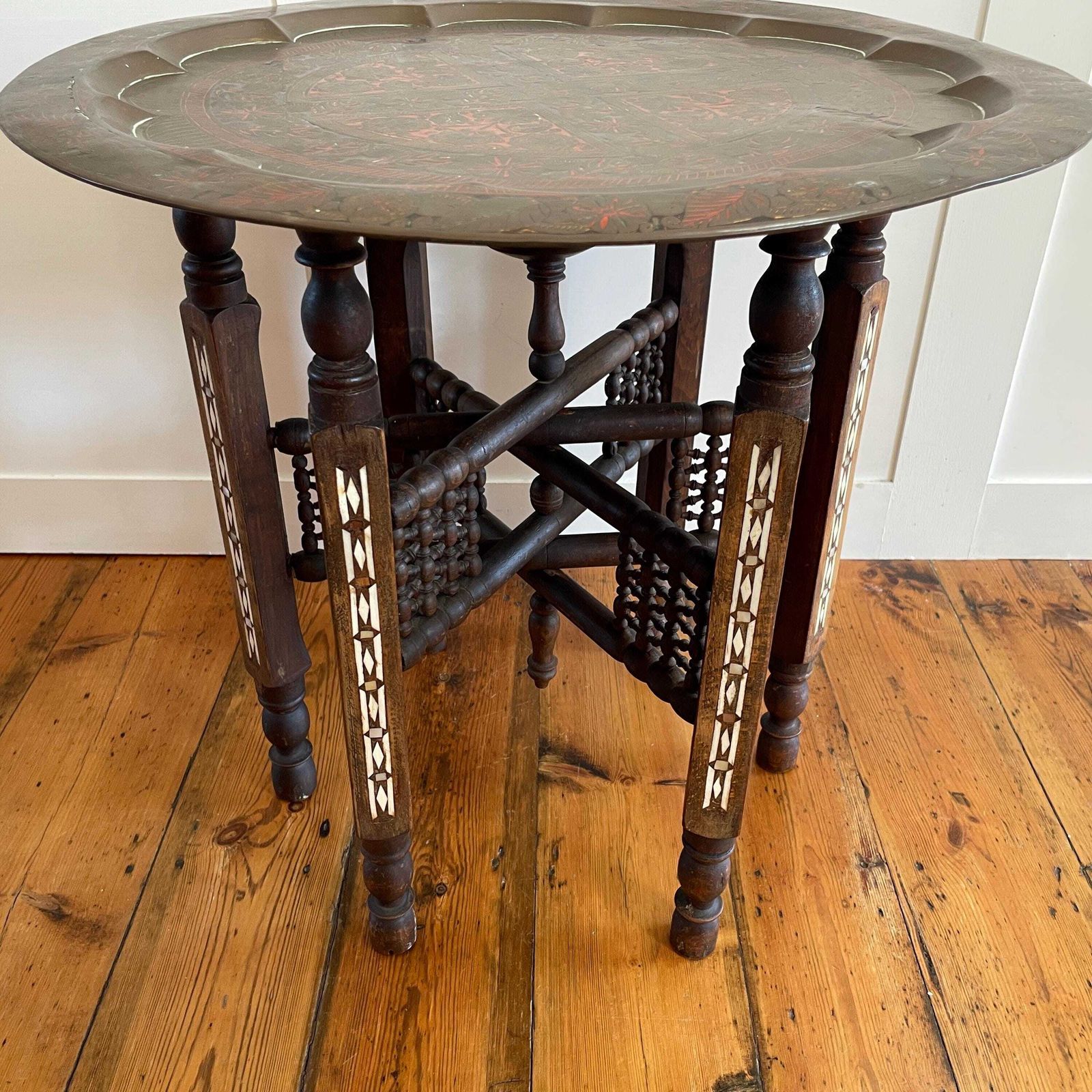 Indian Brass Tray Table Carved Wood Mother Of Pearl Inlay Folding Stand Vintage Boho Accent Side Table Handmade photo buy