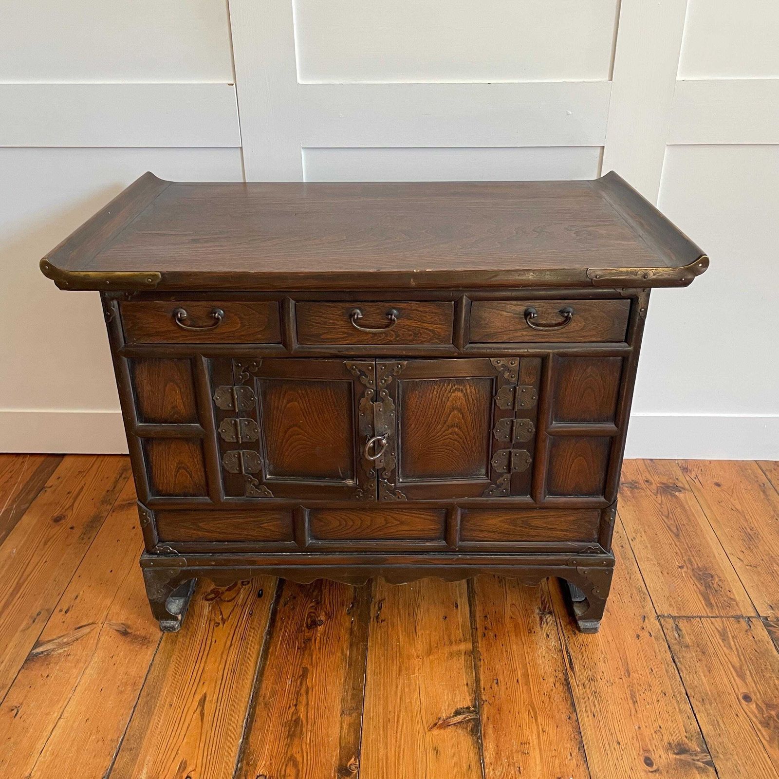 Oriental Style Side Cabinet Brass Hardware Hidden Drawers Indian Made Vintage Chunky Wood Chinese Inspired