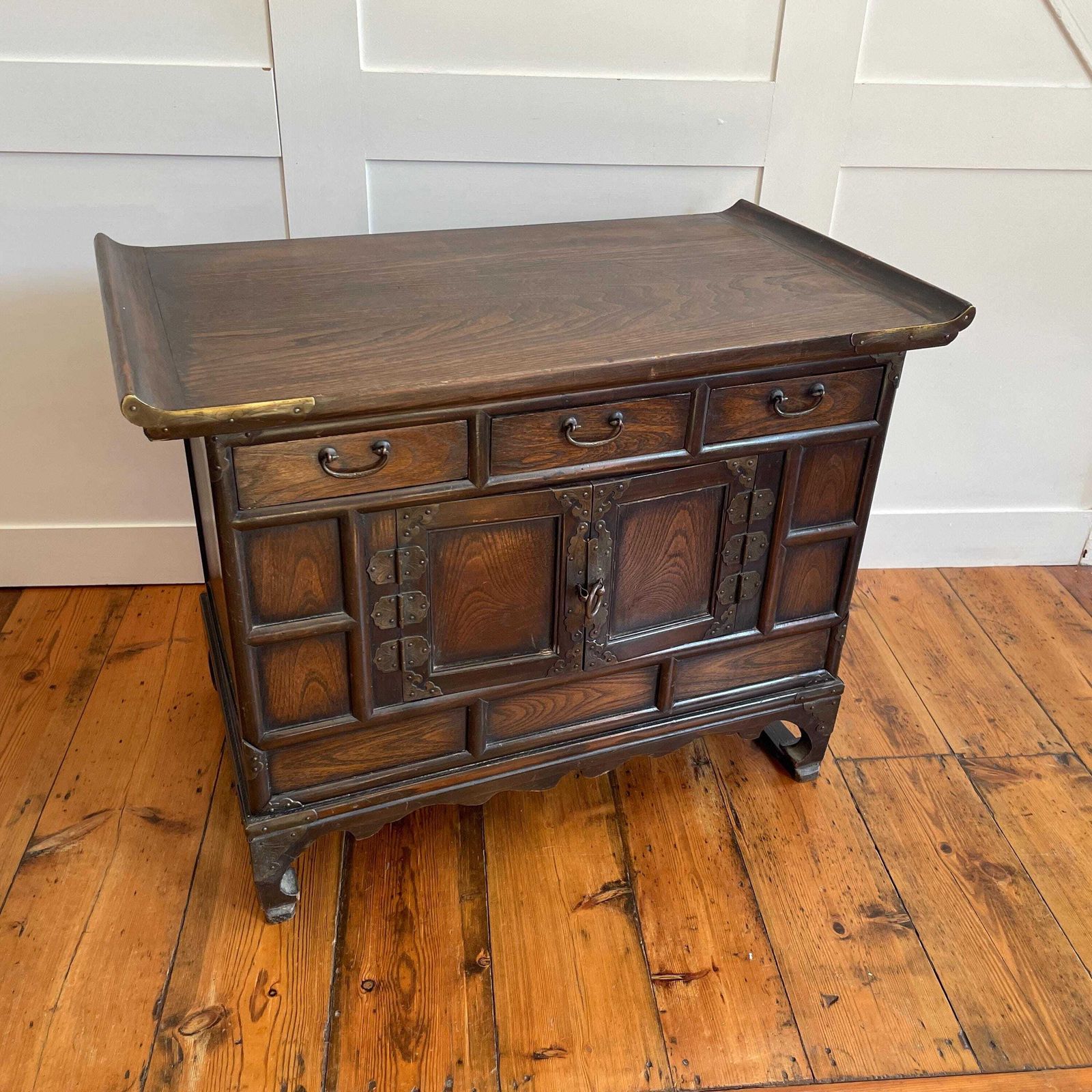 Oriental Style Side Cabinet Brass Hardware Hidden Drawers Indian Made Vintage Chunky Wood Chinese Inspired photo 485.0