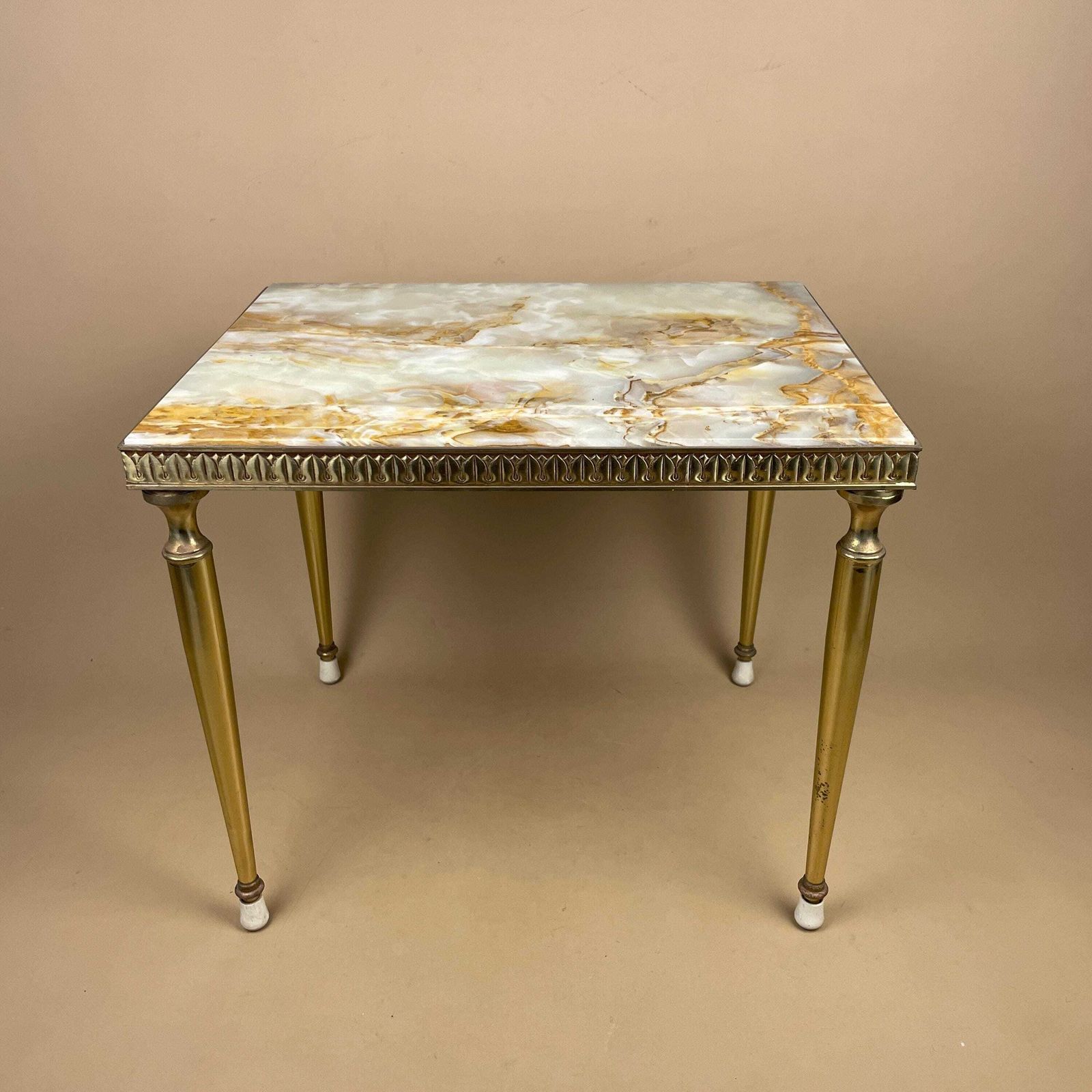 Vintage Marble Brass Table Mid Century Ornate Italian Regency Rectangular Small Coffee Table Decorative Accent Natural Stone photo Furniture