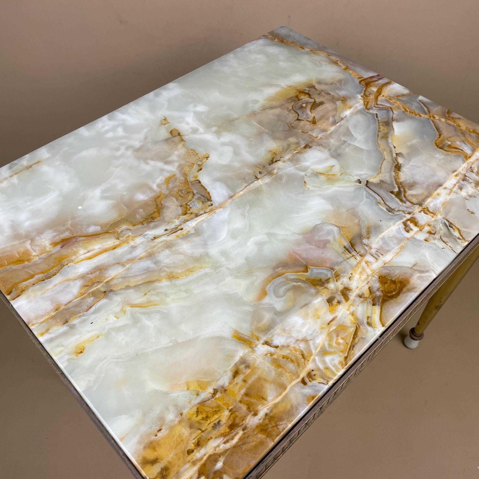 photo for sale Vintage Marble Brass Table Mid Century Ornate Italian Regency Rectangular Small Coffee Table Decorative Accent Natural Stone