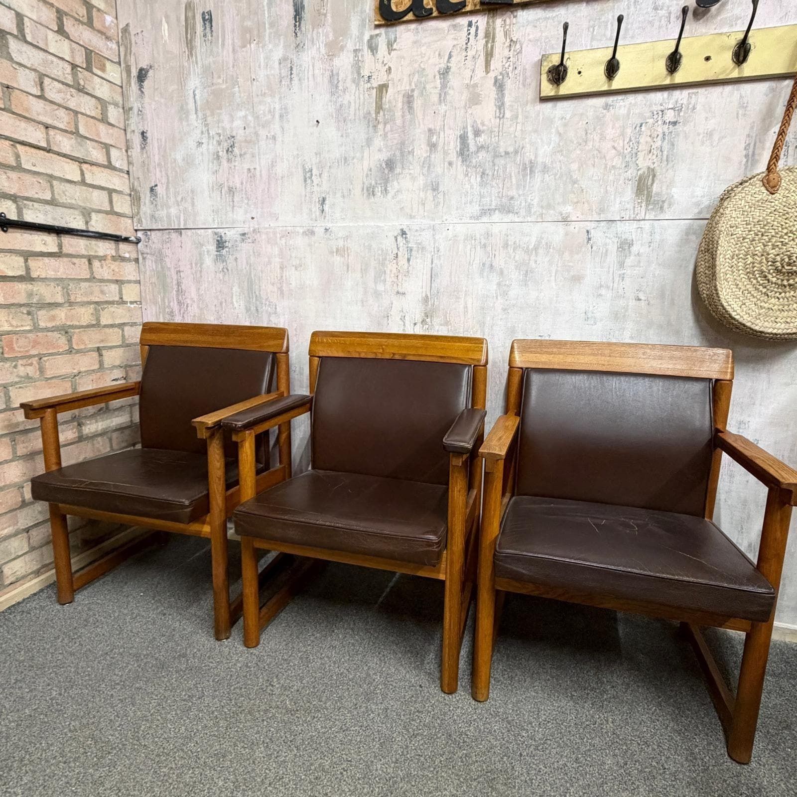 Set 3 Ferd. Lundquist 1970’s Mid Century Swedish Oak And Faux Leather Armchairs